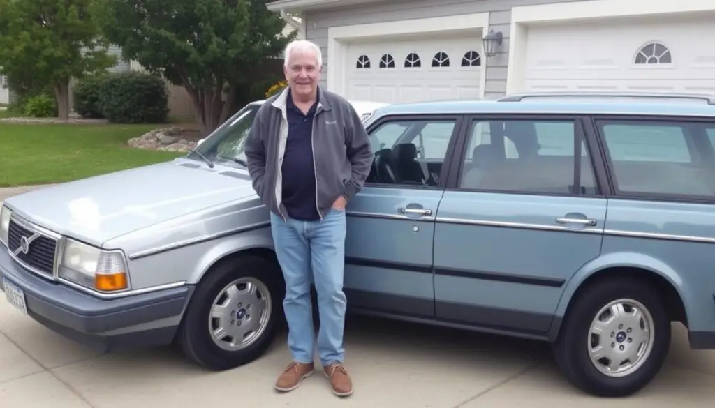 A happy owner standing next to their high-mileage Volvo that's been well-maintained