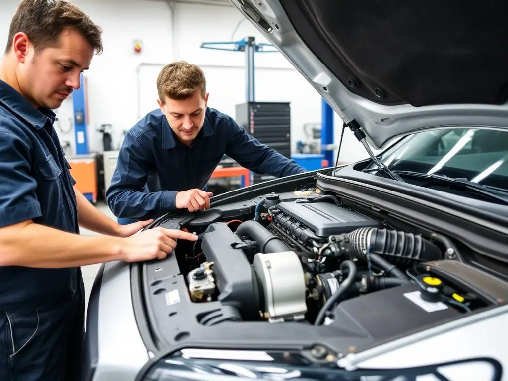 A mechanic inspecting the engine of a high-mileage Volvo, showing the well-engineered components that make people buy a Volvo with high mileage