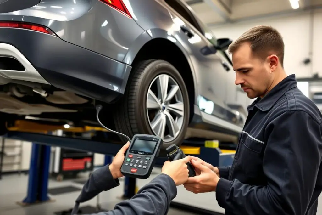A mechanic performing a pre-purchase inspection on a high-mileage Volvo XC60
