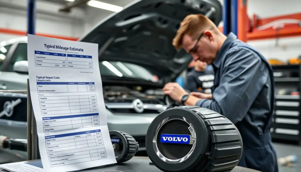 A mechanic working on a high-mileage Volvo with parts and cost estimate visible