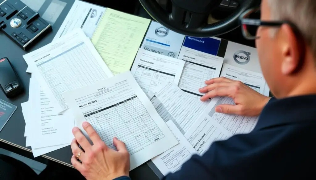 A person reviewing service records before deciding to buy a Volvo with high mileage
