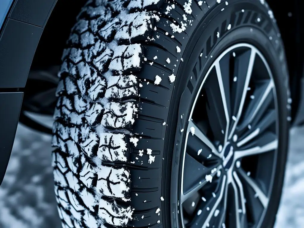 Close-up of winter tires mounted on a Volvo vehicle with snow in background