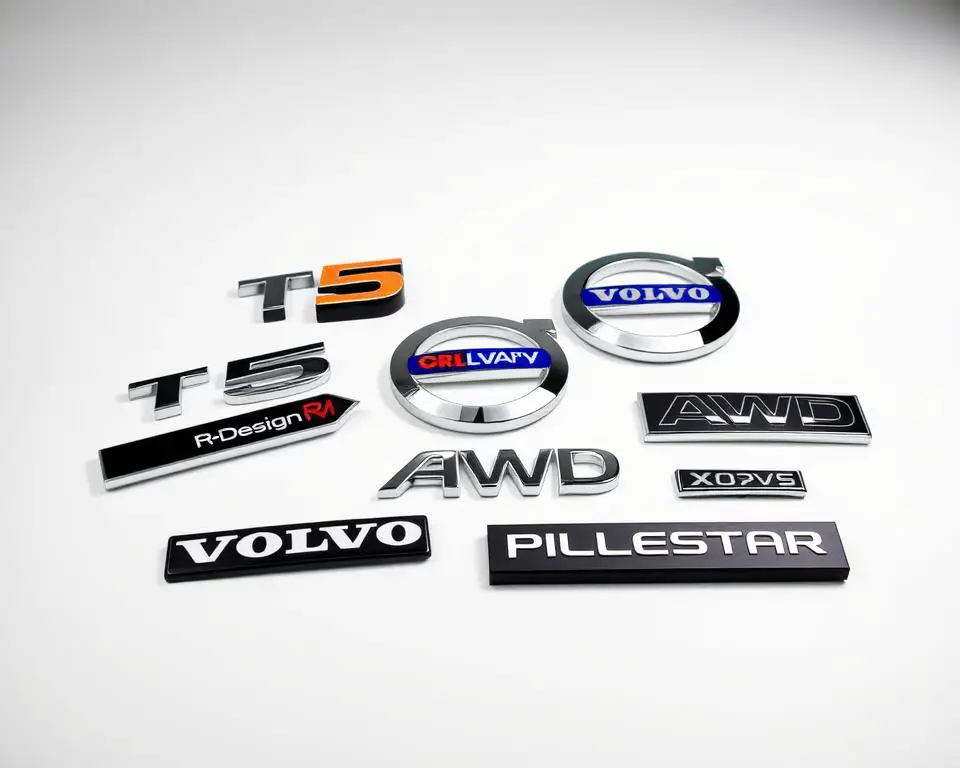 Collection of different Volvo badges including T5, R-Design, and AWD emblems