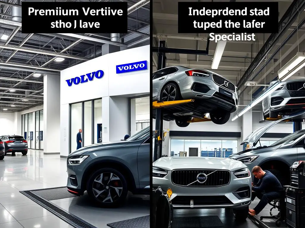 Comparison between Volvo dealership service center and independent mechanic shop showing cost differences