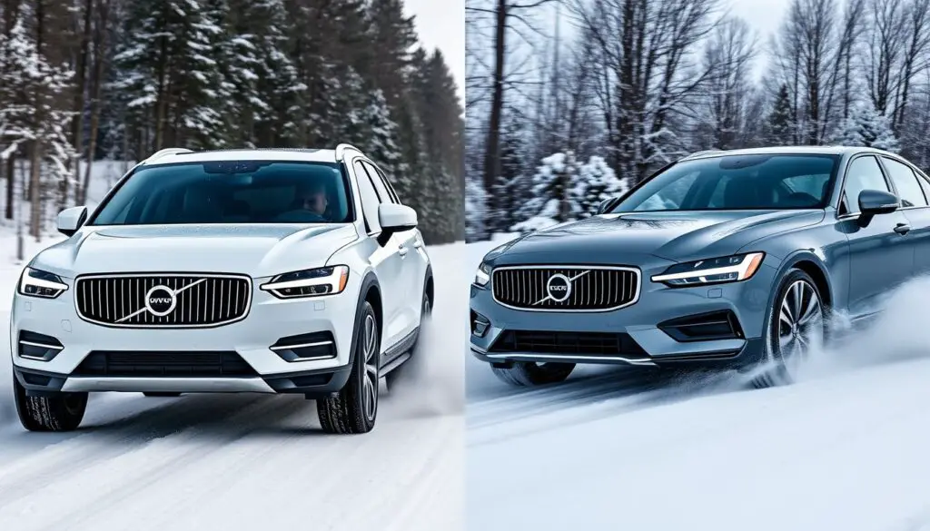 Comparison of Volvo XC60 SUV and S60 sedan driving through snow, showing difference in ground clearance