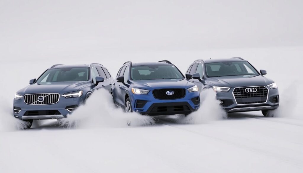 Comparison of Volvo XC60, Subaru Outback, and Audi Q5 driving through snow