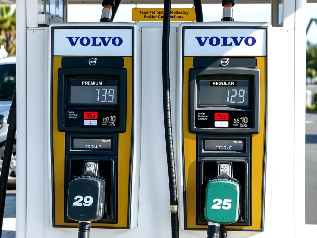 Comparison of premium and regular gas pumps at a gas station with a Volvo in the background