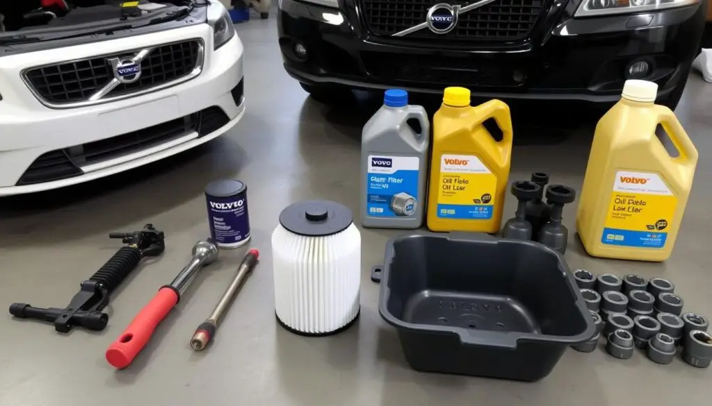 DIY Volvo oil change with tools and supplies laid out