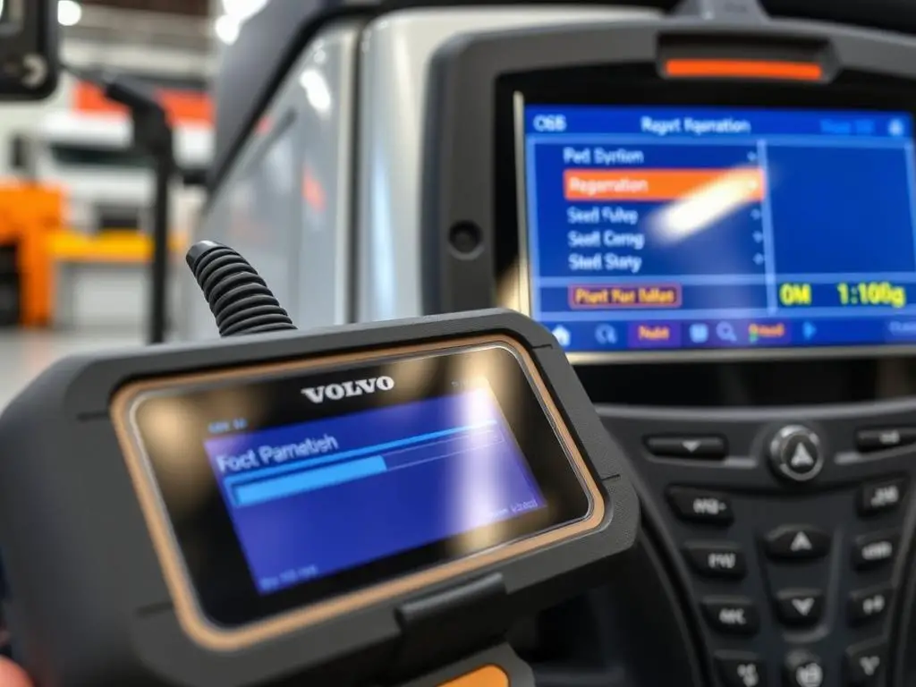 Diagnostic tool connected to a Volvo truck for forced regeneration