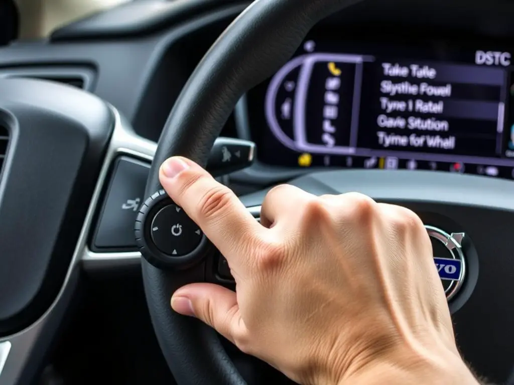 Driver using DSTC controls on a Volvo steering wheel