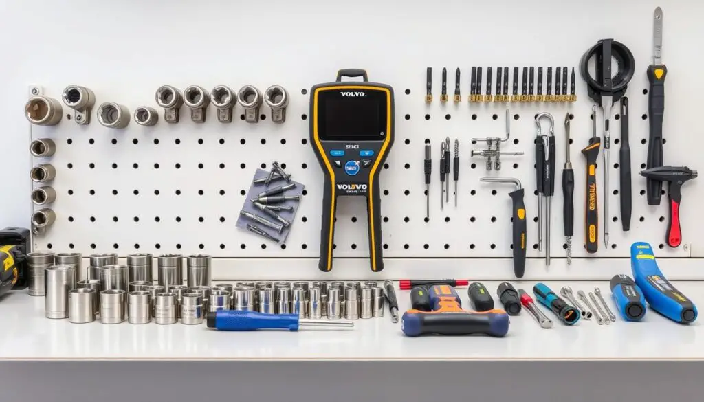 Essential tools laid out for Volvo maintenance and repair