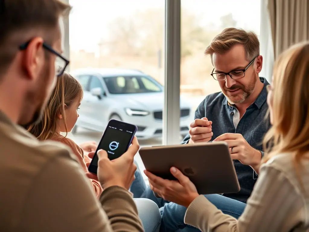 Family members sharing access to Volvo app features on multiple devices