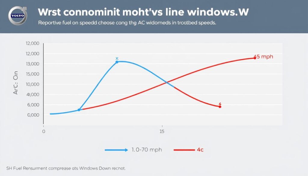 Graph comparing fuel consumption in Volvo models with AC on versus windows down at different speeds