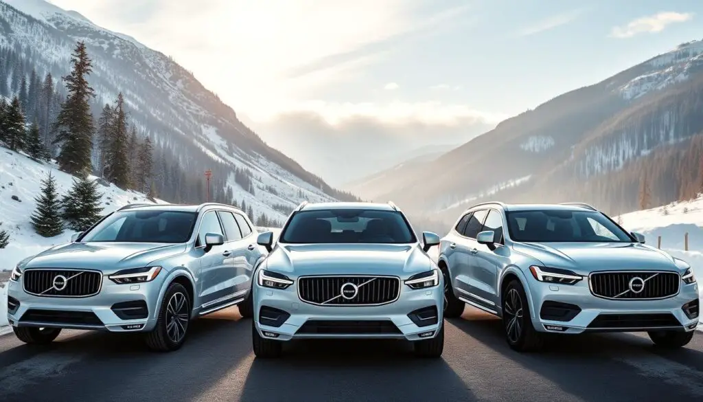 Lineup of Volvo AWD vehicles including XC90, XC60, and S60 models in snow conditions