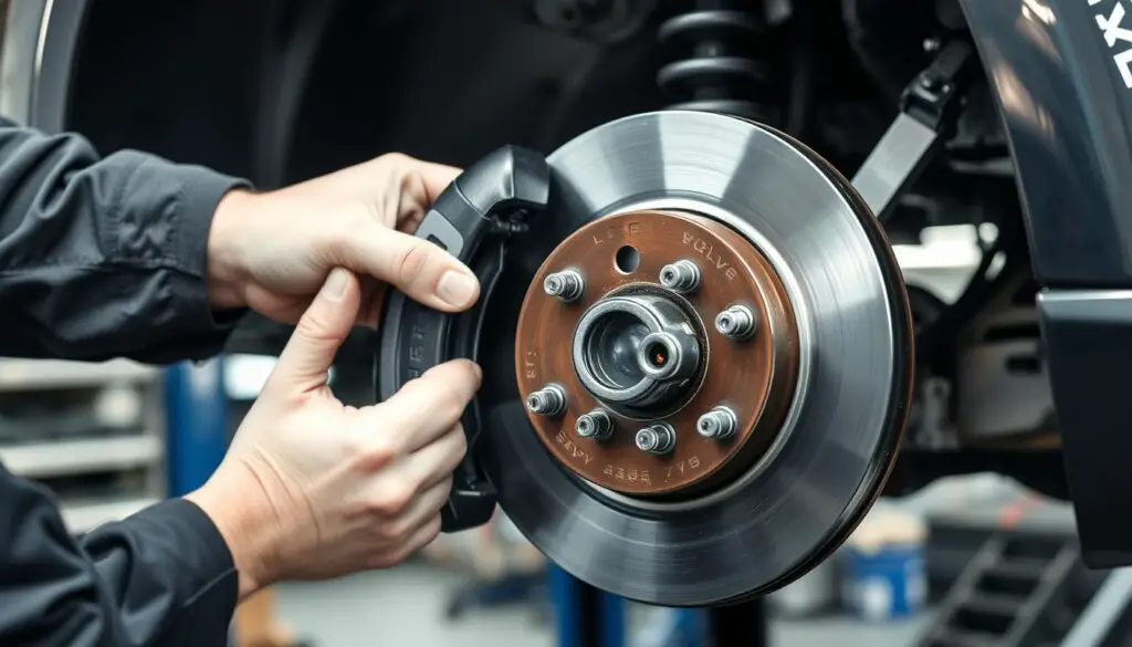 Mechanic replacing brake pads on a Volvo showing repair process