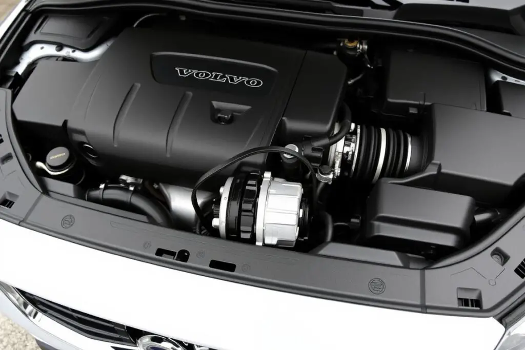 Modern Volvo S60 engine bay showing AC compressor connection to engine