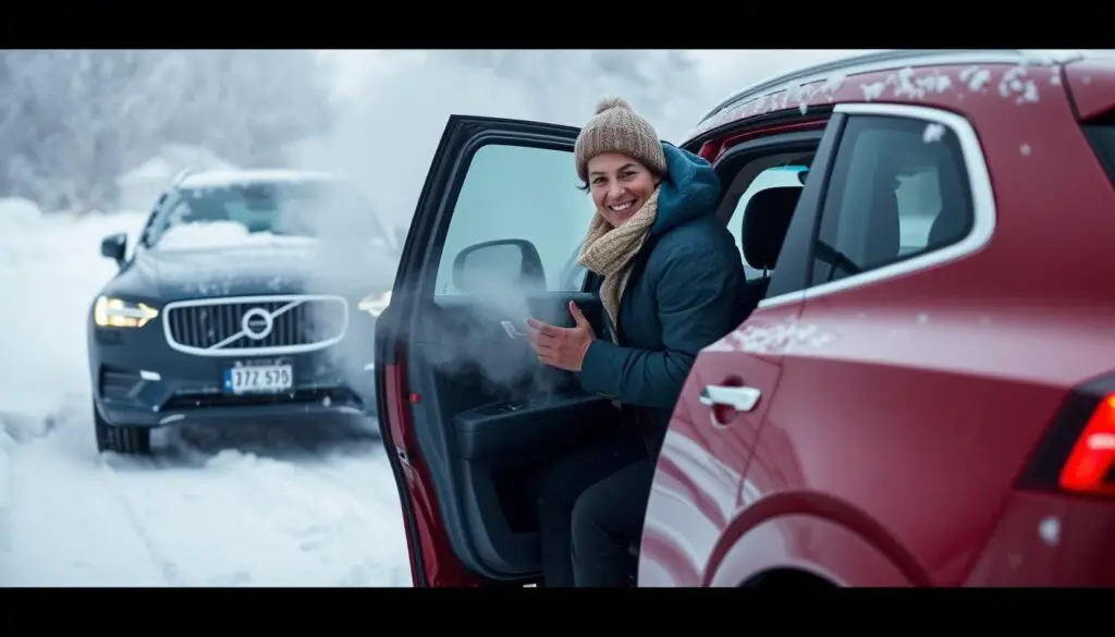 Person comfortably entering a pre-climatized Volvo vehicle started with remote start Person comfortably entering a pre-climatized Volvo vehicle started with remote start