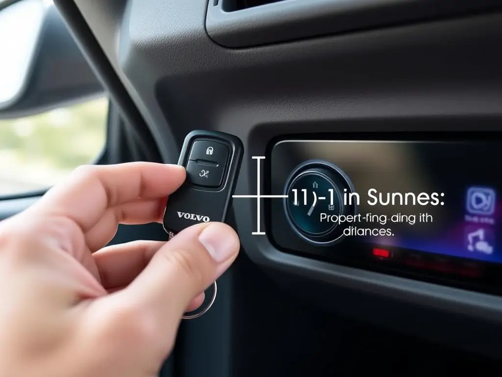 Person holding a garage door remote 1-3 inches from the Volvo HomeLink button during programming Person holding a garage door remote 1-3 inches from the Volvo HomeLink button during programming