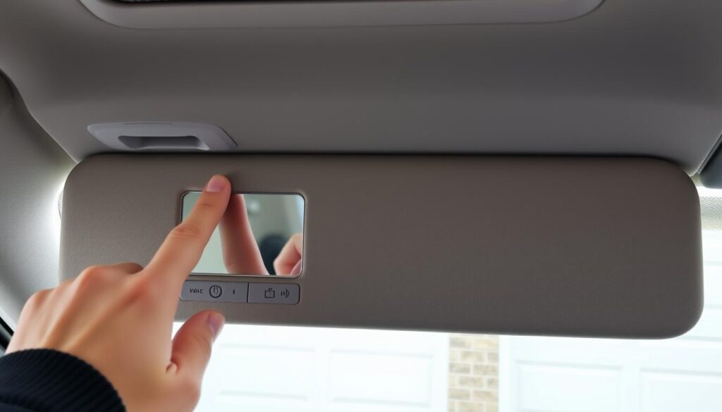 Person pressing the HomeLink button in a Volvo to operate garage door Person pressing the HomeLink button in a Volvo to operate garage door