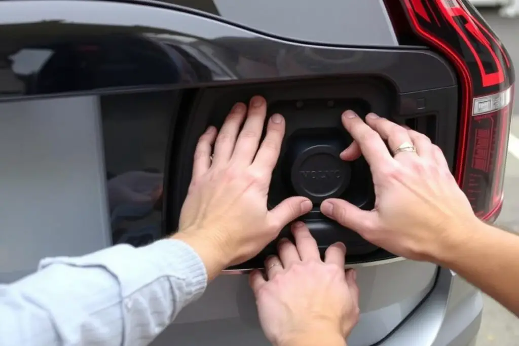 Person troubleshooting a stuck Volvo XC90 fuel door