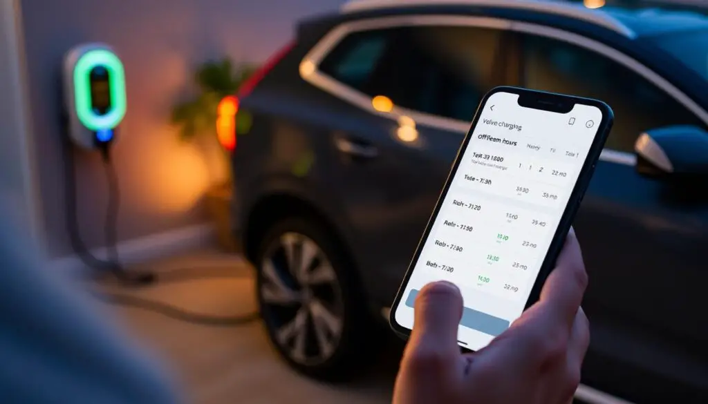 Person using Volvo app to schedule charging during off-peak hours