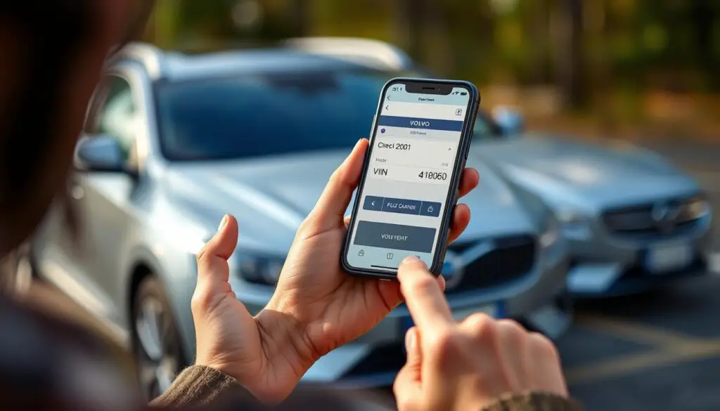 Person using a smartphone to check a Volvo VIN number online