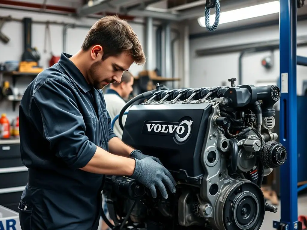 Professional mechanic working on a Volvo in a workshop