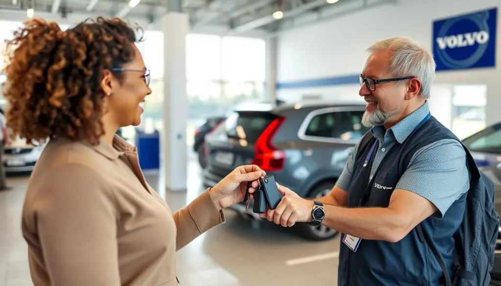 Satisfied Volvo owner picking up vehicle after maintenance service