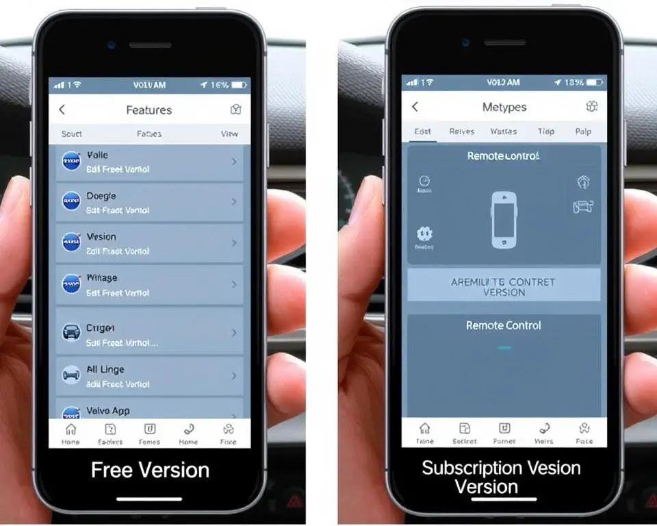 Side-by-side comparison of Volvo app free vs subscription features on smartphone screens