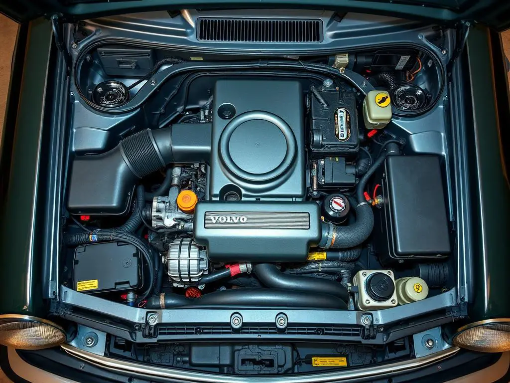 Spacious engine bay of a classic Volvo 240 showing easy access