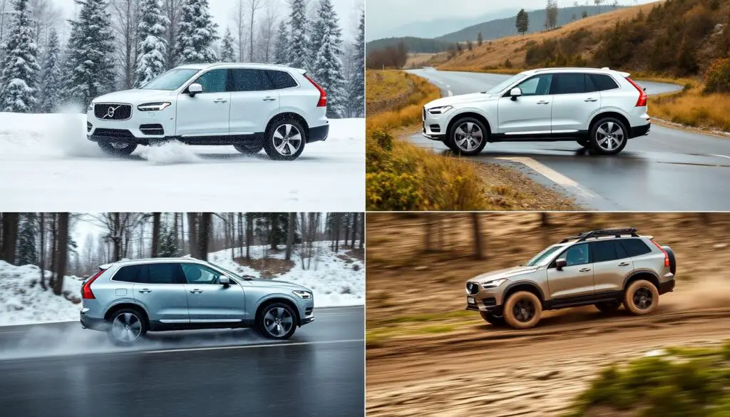Split image showing Volvo AWD performance in different weather conditions