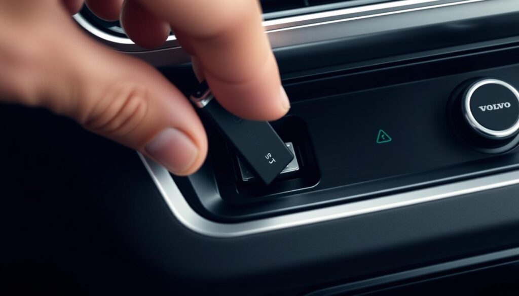 USB drive being inserted into Volvo's USB port for software update