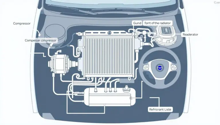 Volvo AC system components diagram showing compressor, condenser, and evaporator connections to the engine