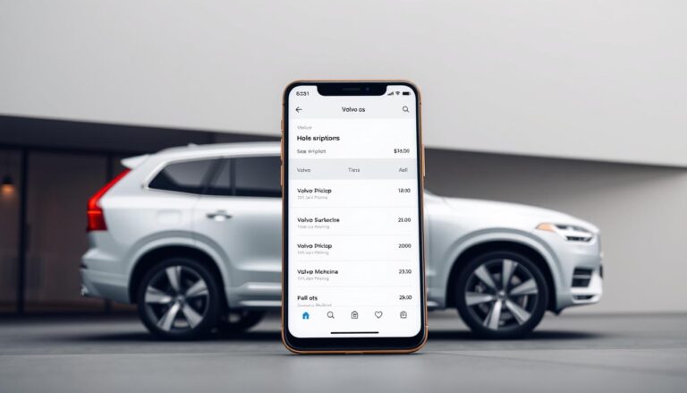 Volvo Cars app interface showing subscription options on a smartphone next to a Volvo vehicle
