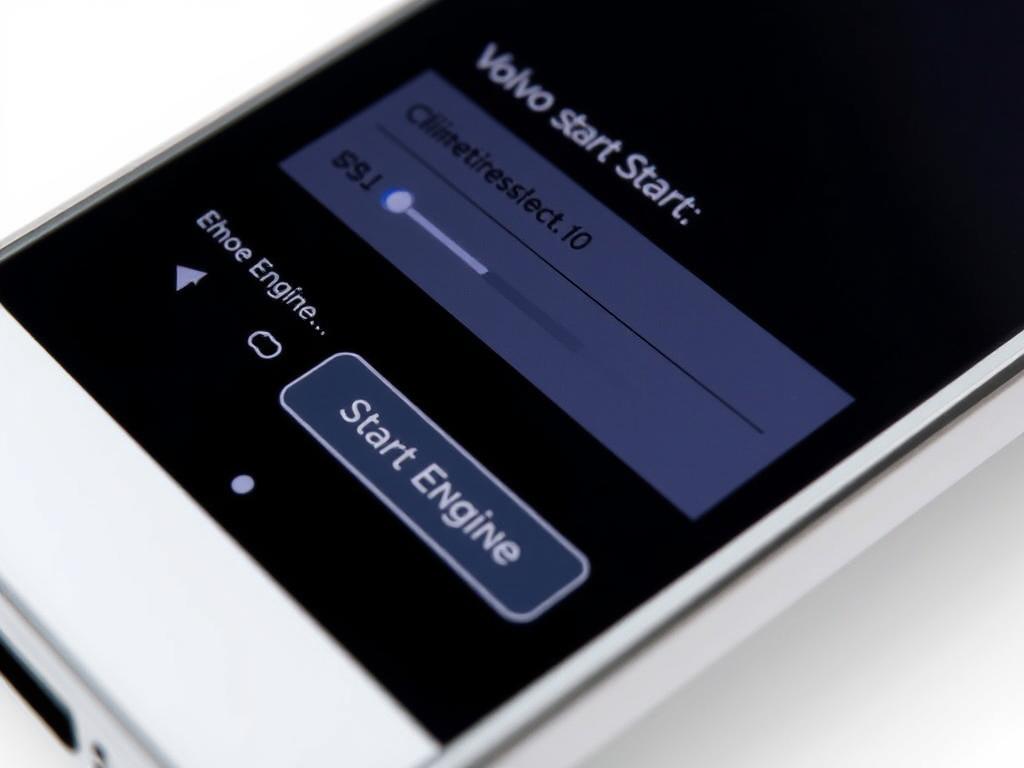 Volvo Cars app interface showing the remote start button and climate control settings Volvo Cars app interface showing the remote start button and climate control settings