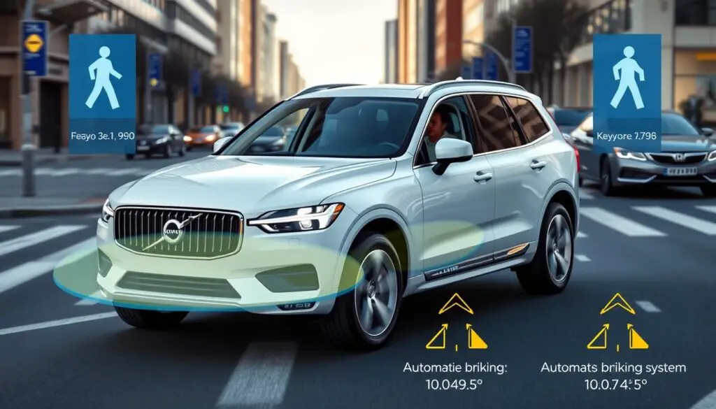 Volvo City Safety system in action showing automatic braking to avoid pedestrian collision