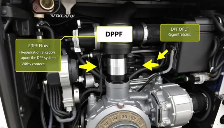 Volvo D13 engine with DPF system highlighted showing regeneration process