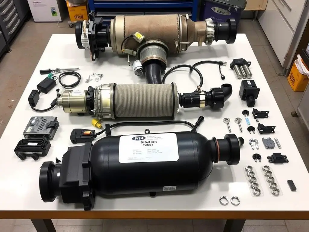 Volvo DPF system components laid out for inspection