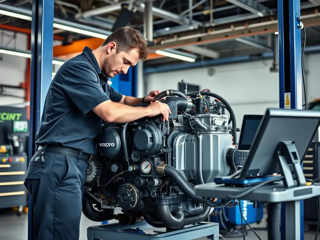 Volvo Extended Warranty Cost showing mechanic repairing a Volvo engine