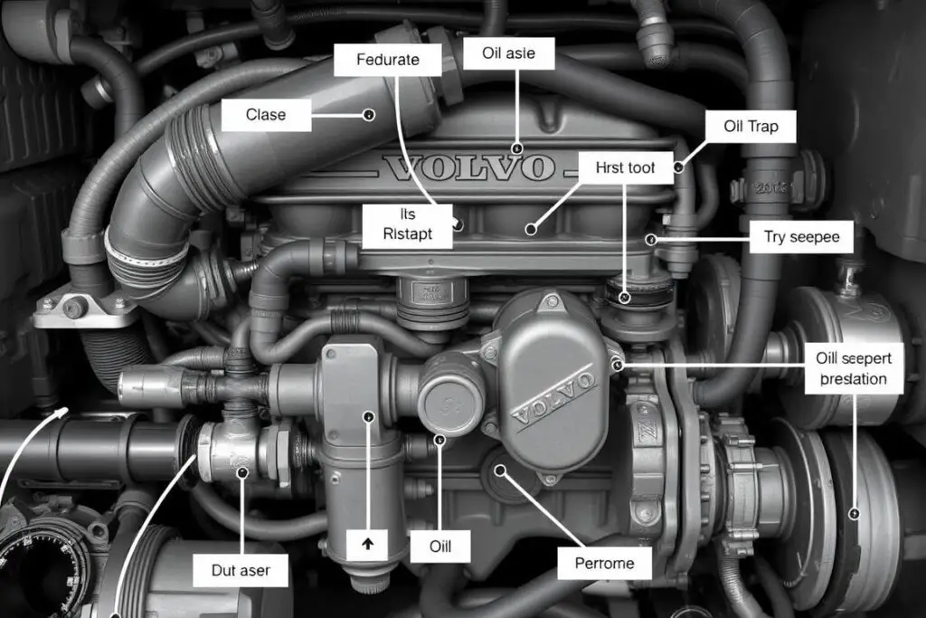 Volvo PCV system components showing the oil trap and hoses