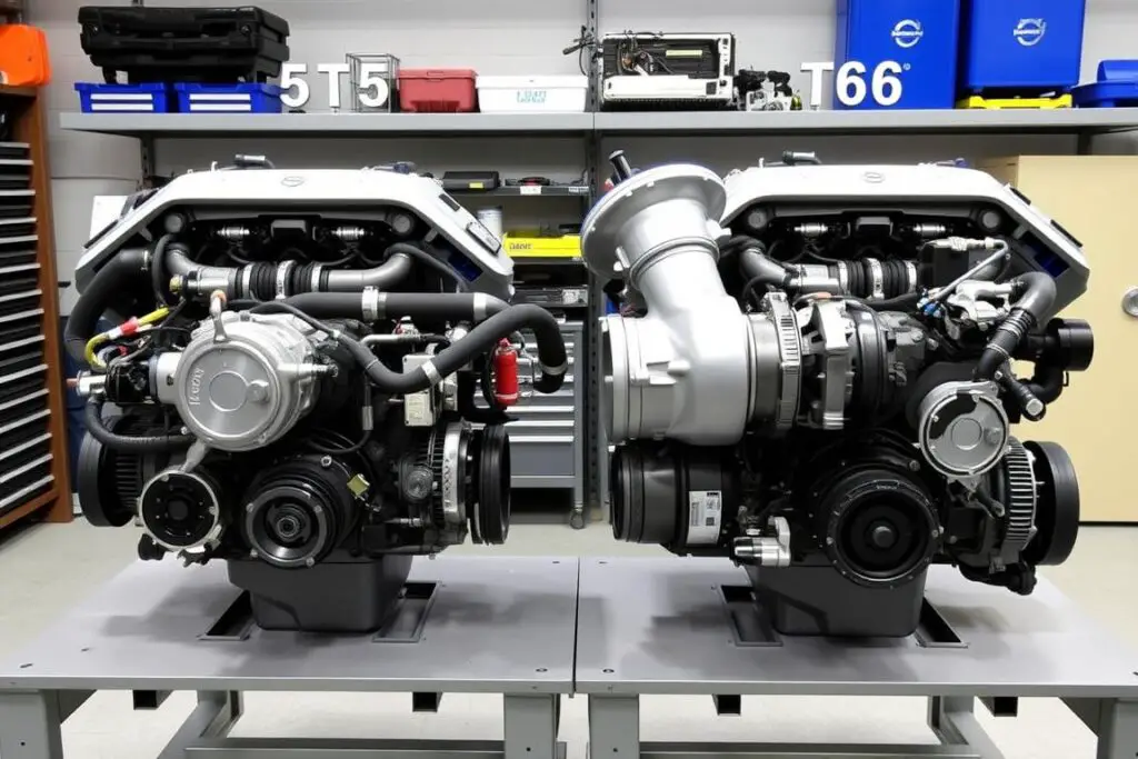 Volvo T5 engine being compared to T6 engine on a workbench Volvo T5 engine being compared to T6 engine on a workbench