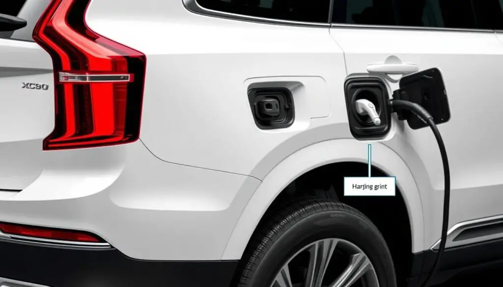 Volvo XC90 T8 hybrid model with fuel door and charging port