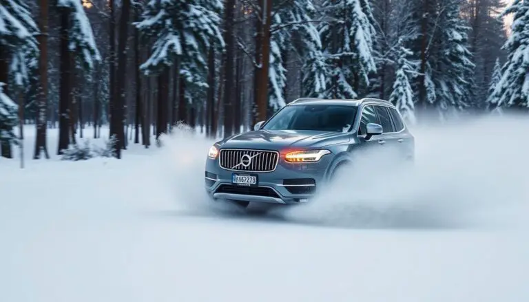 Volvo XC90 driving through deep snow showcasing its AWD system in action