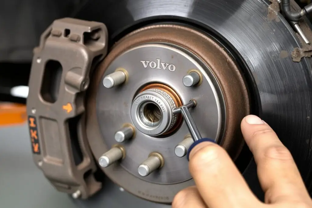Volvo brake pad replacement showing caliper and rotor access