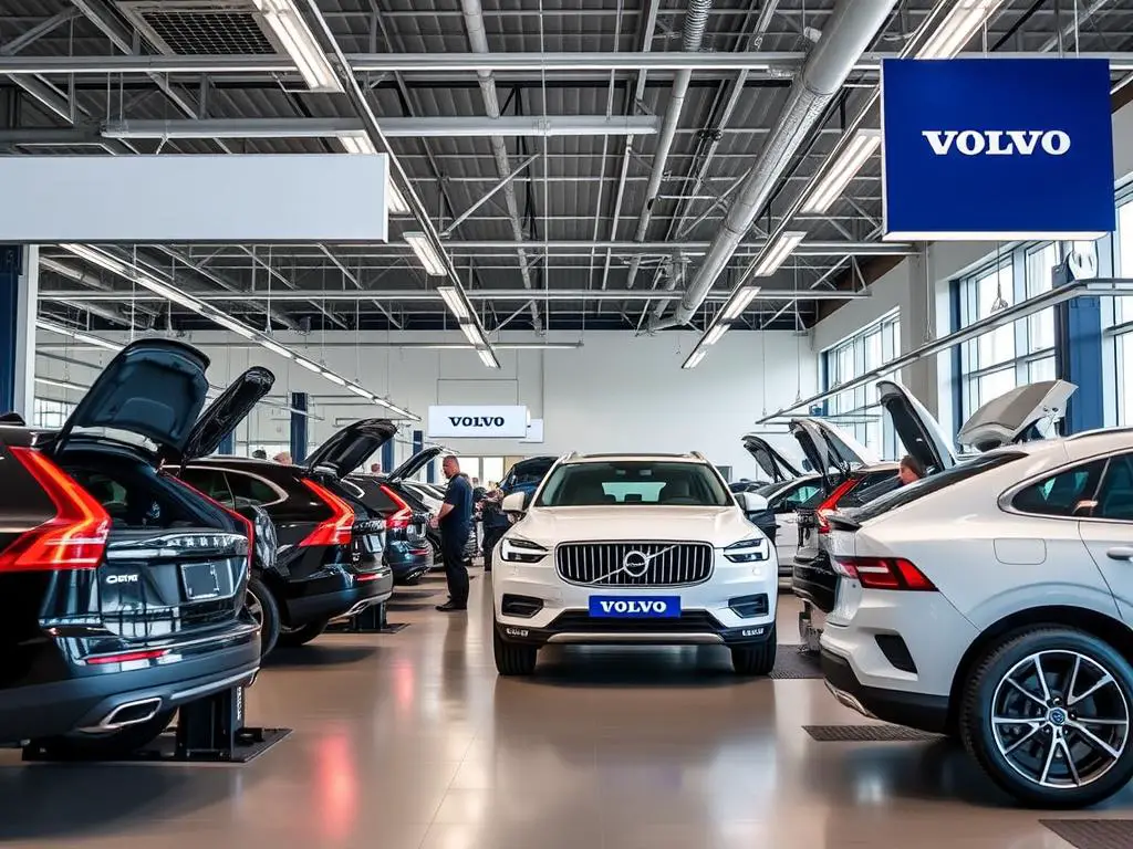 Volvo dealership service center with technicians working on vehicles