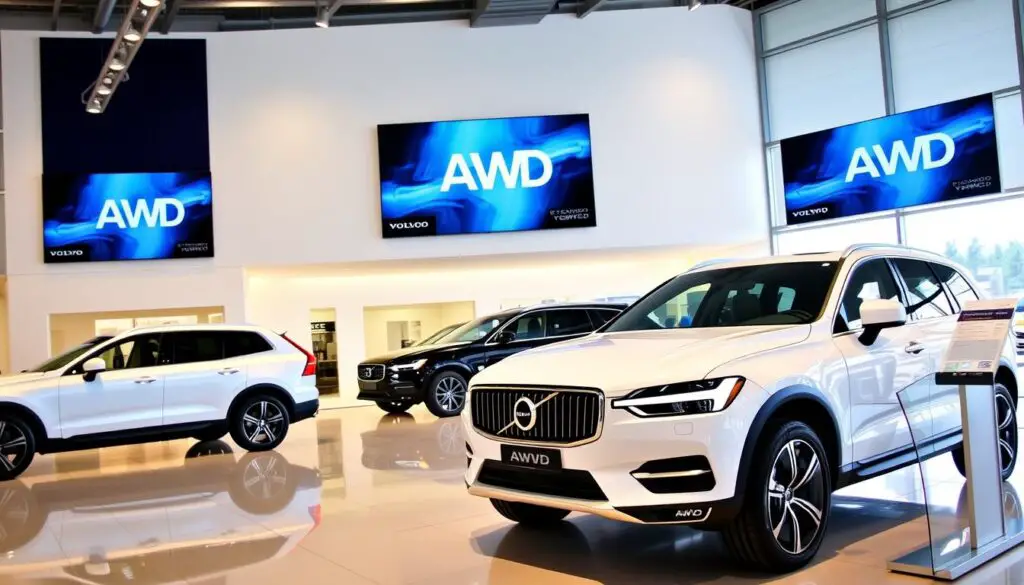 Volvo dealership showroom displaying AWD models with feature highlights