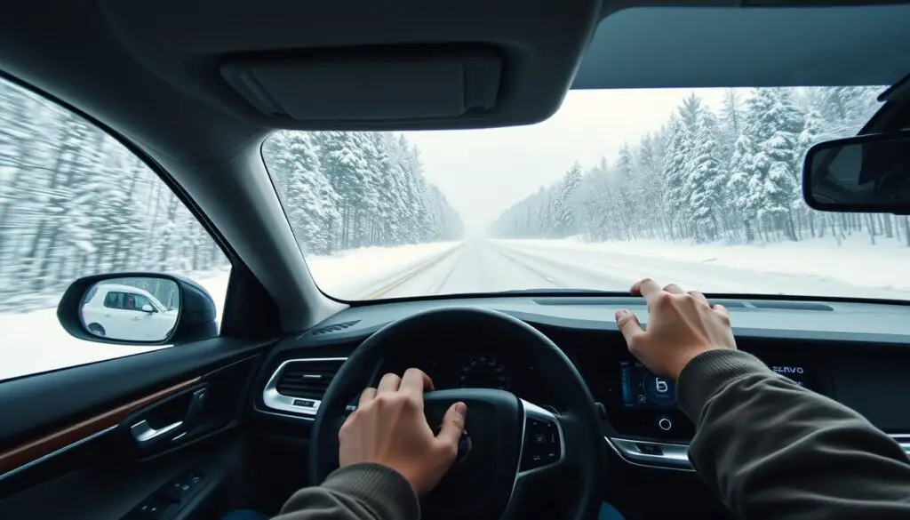 Volvo driver demonstrating proper winter driving techniques in snowy conditions