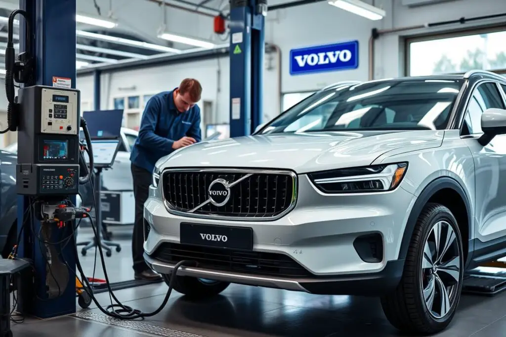 Volvo electric vehicle being serviced under the free maintenance program