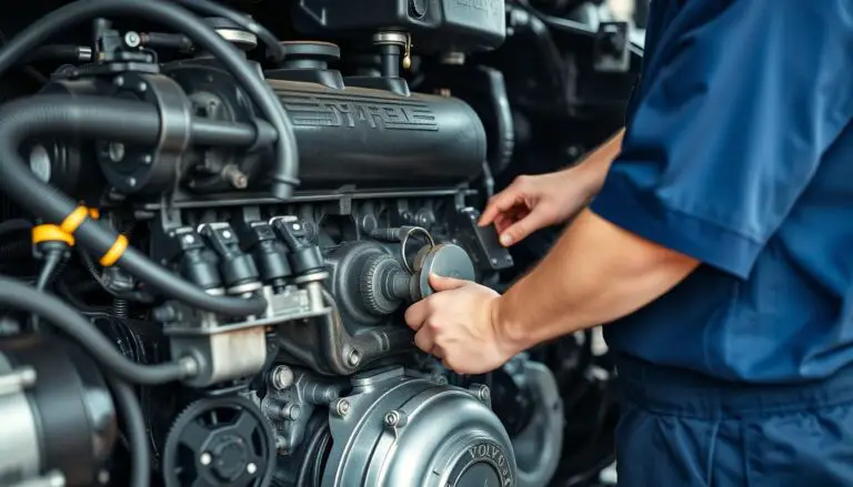 Volvo engine with oil being changed by a technician