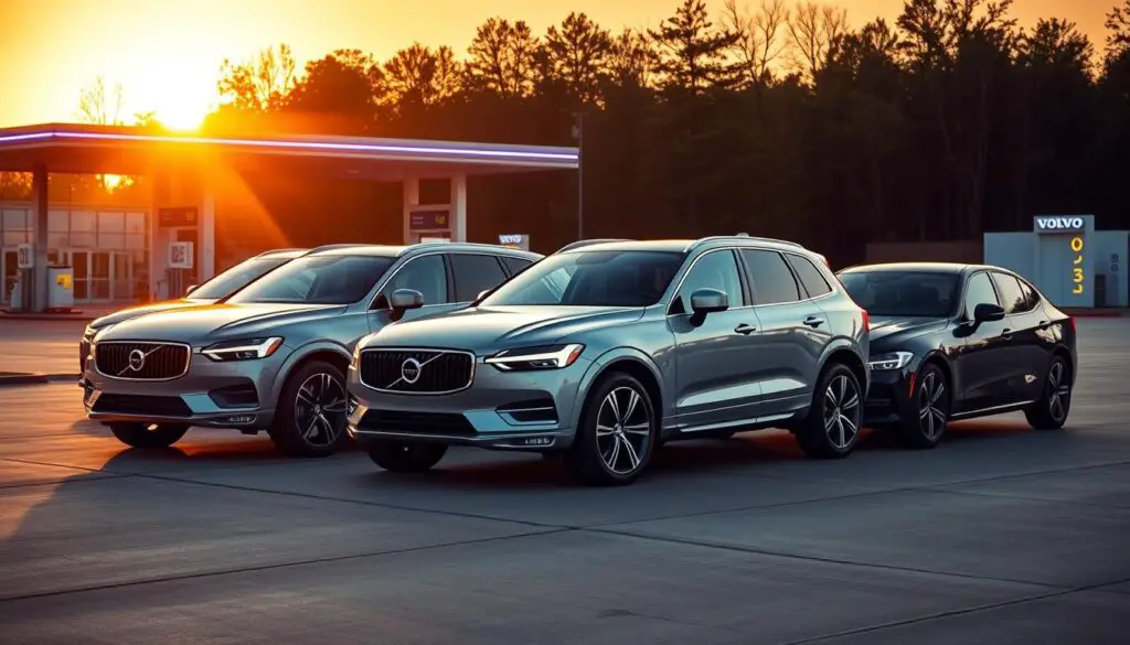 Volvo lineup at sunset with fuel station in background, showing the relationship between Volvo vehicles and fuel choices Volvo lineup at sunset with fuel station in background, showing the relationship between Volvo vehicles and fuel choices